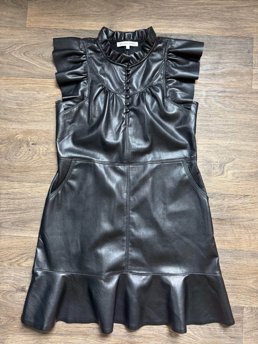 Mélissa Nepton Claire Vegan Leather Black A-Line Dress Ruffle Sleeve  Button M
